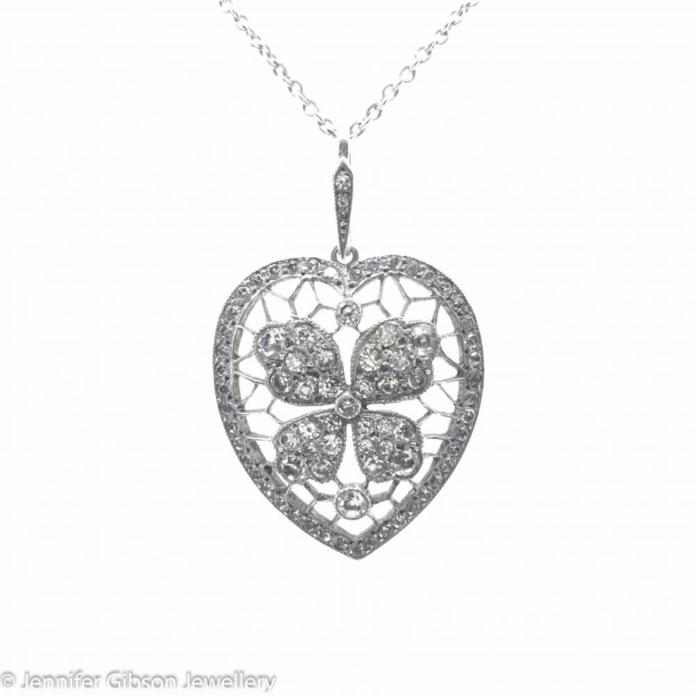 Antique Heart Four Leaf Clover Pendant Necklace