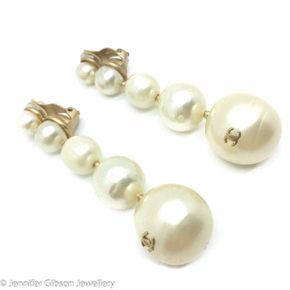 Vintage CHANEL Pearl Bomb Earrings with CHANEL Logo