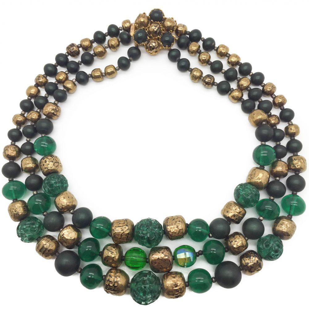 1950s Art Glass Necklace Emerald Green Bronze Lustre