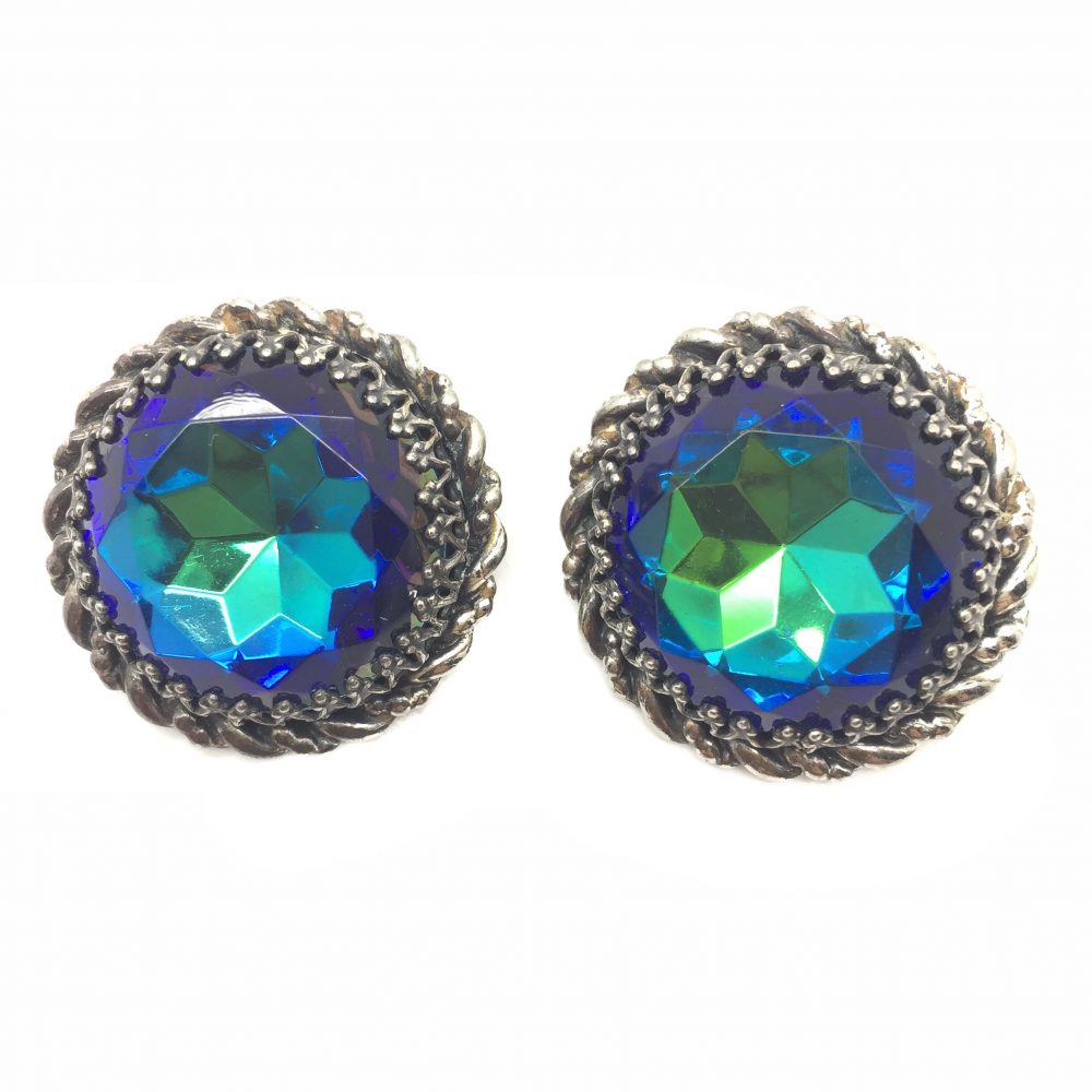 Vintage Costume Jewellery Schiaparelli Earrings Watermelon Peacock Hues Crystal 1950s