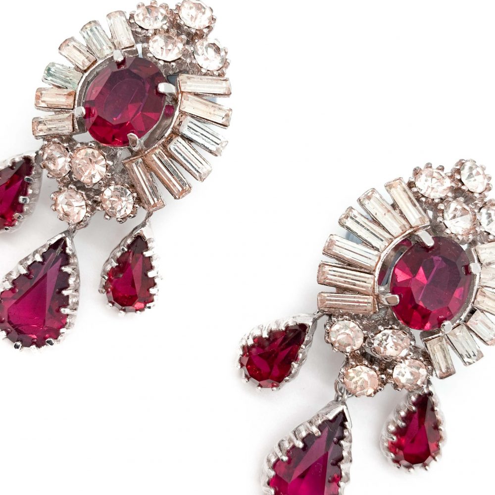 Vintage Ruby Crystal Drop Earrings 1950s