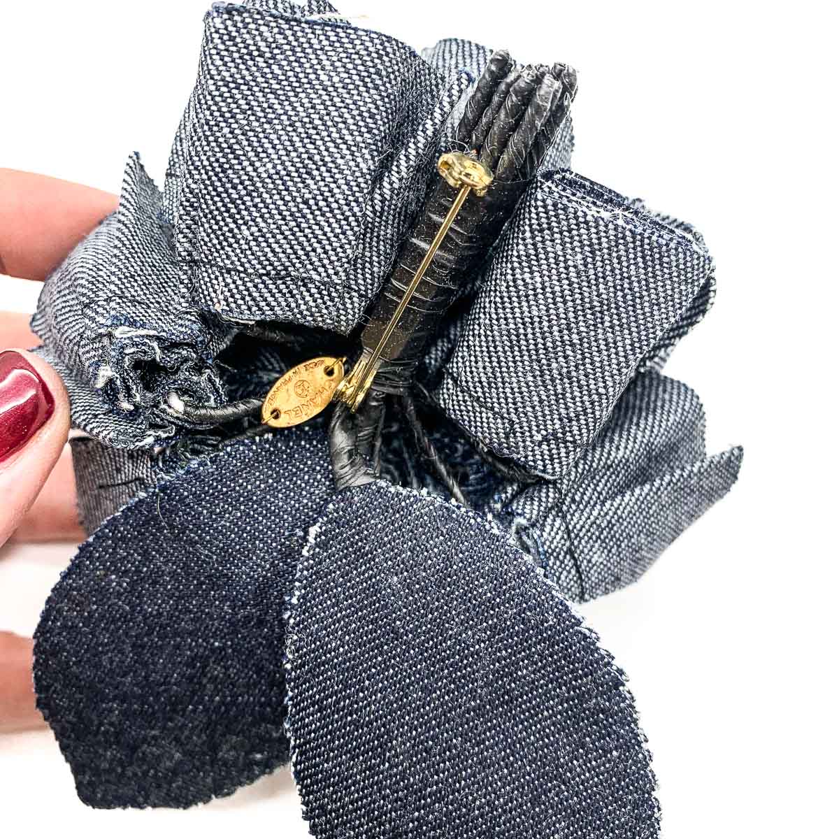 Vintage 1980s Chanel Denim Camellia Brooch Vintage 1980s Chanel Denim Camellia Brooch