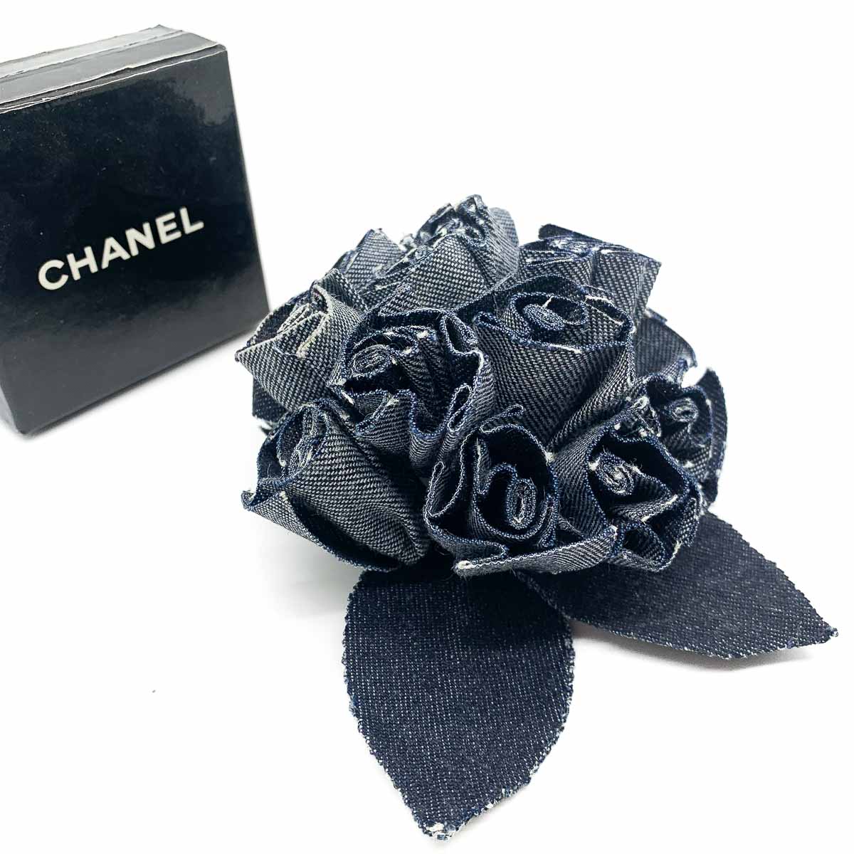 Vintage 1980s Chanel Denim Camellia Brooch Vintage 1980s Chanel Denim Camellia Brooch