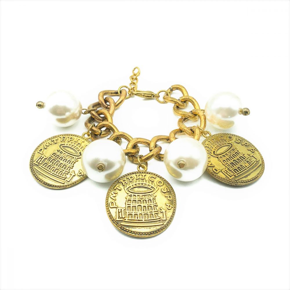 Vintage Pearl Coin Charm Bracelet