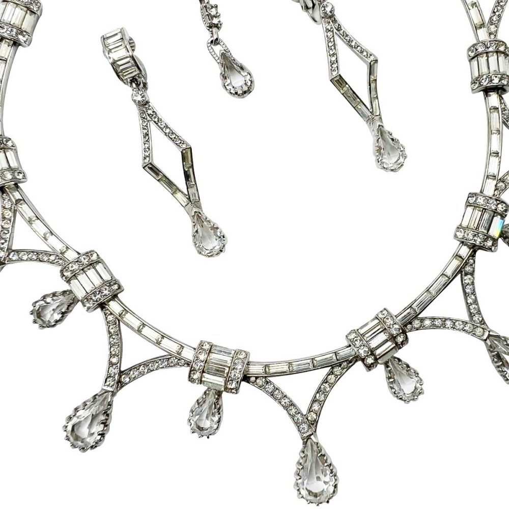 Vintage Art Deco Style Paste Droplet Collar & Earrings 1950s