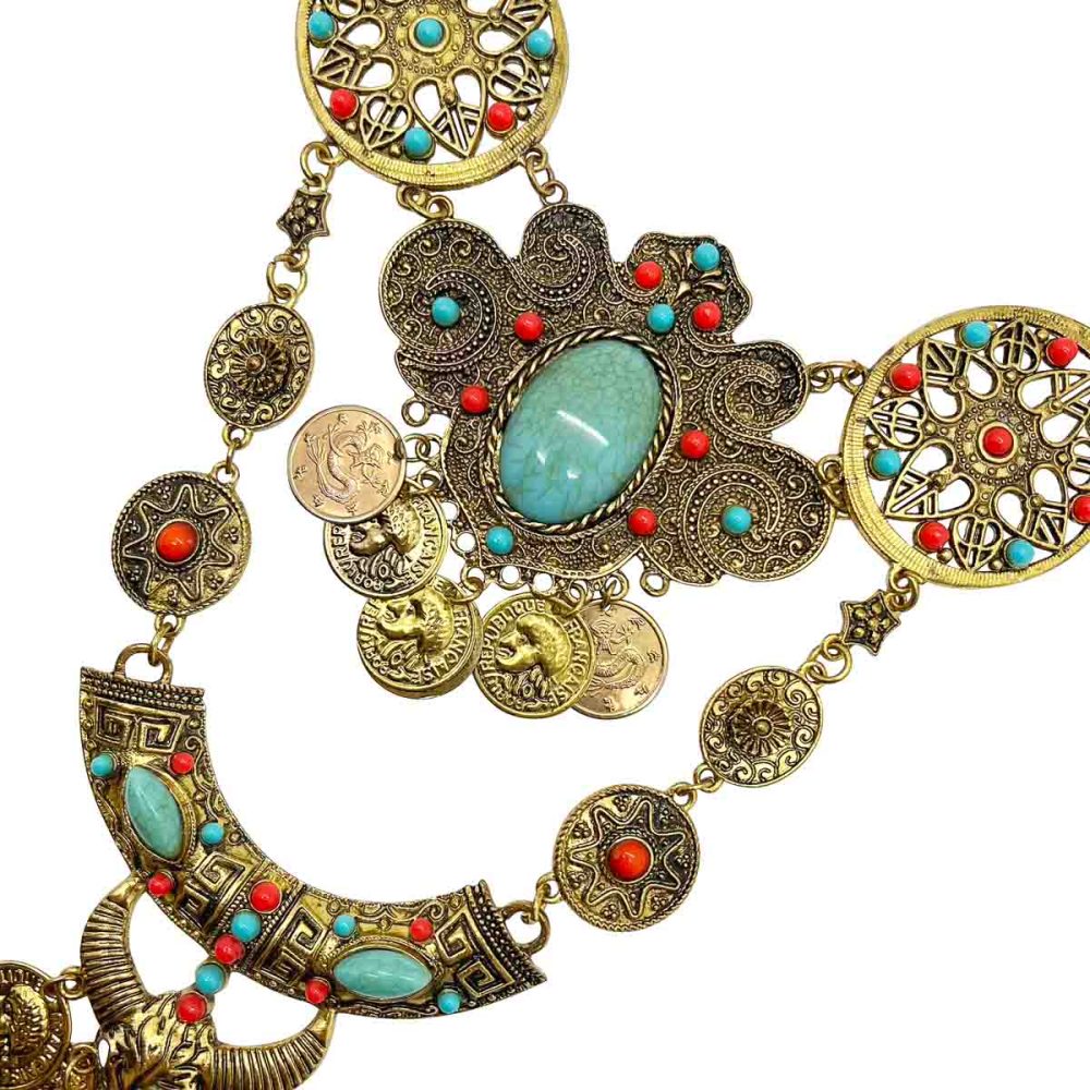 Statement turquoise coin bib necklace 2000s