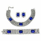 Jennifer Gibson Jewellery 1449 (2) Vintage Electric Blue Crystal Choker, Cuff & Earrings 1980s