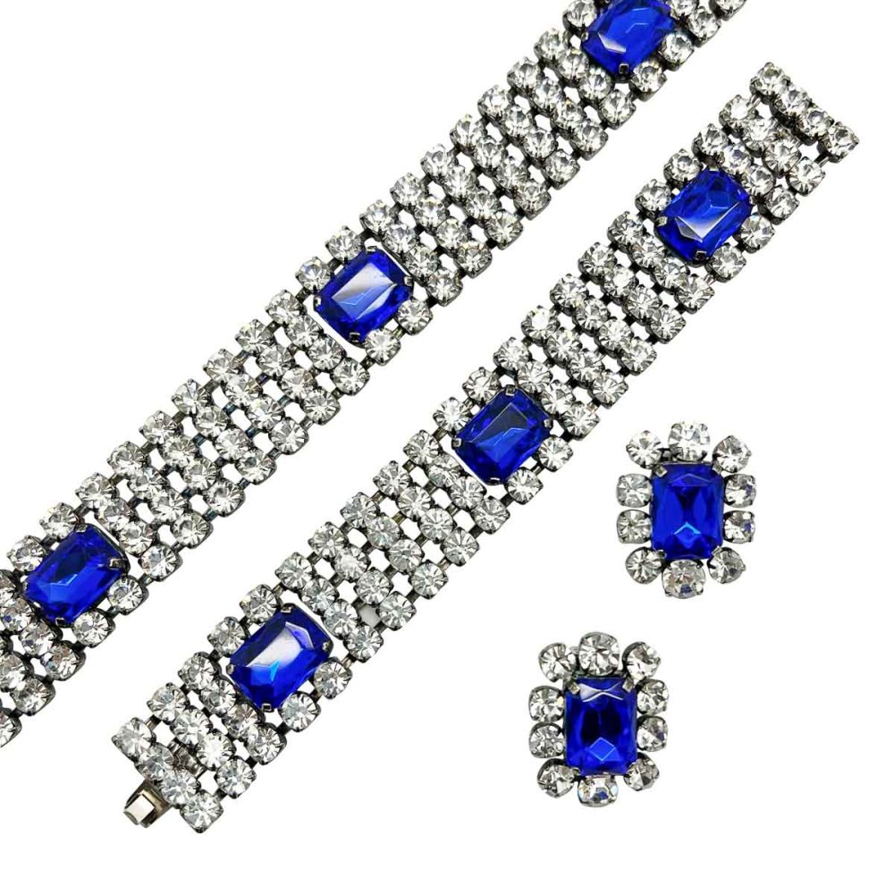 Vintage Electric Blue Crystal Choker, Cuff & Earrings 1980s