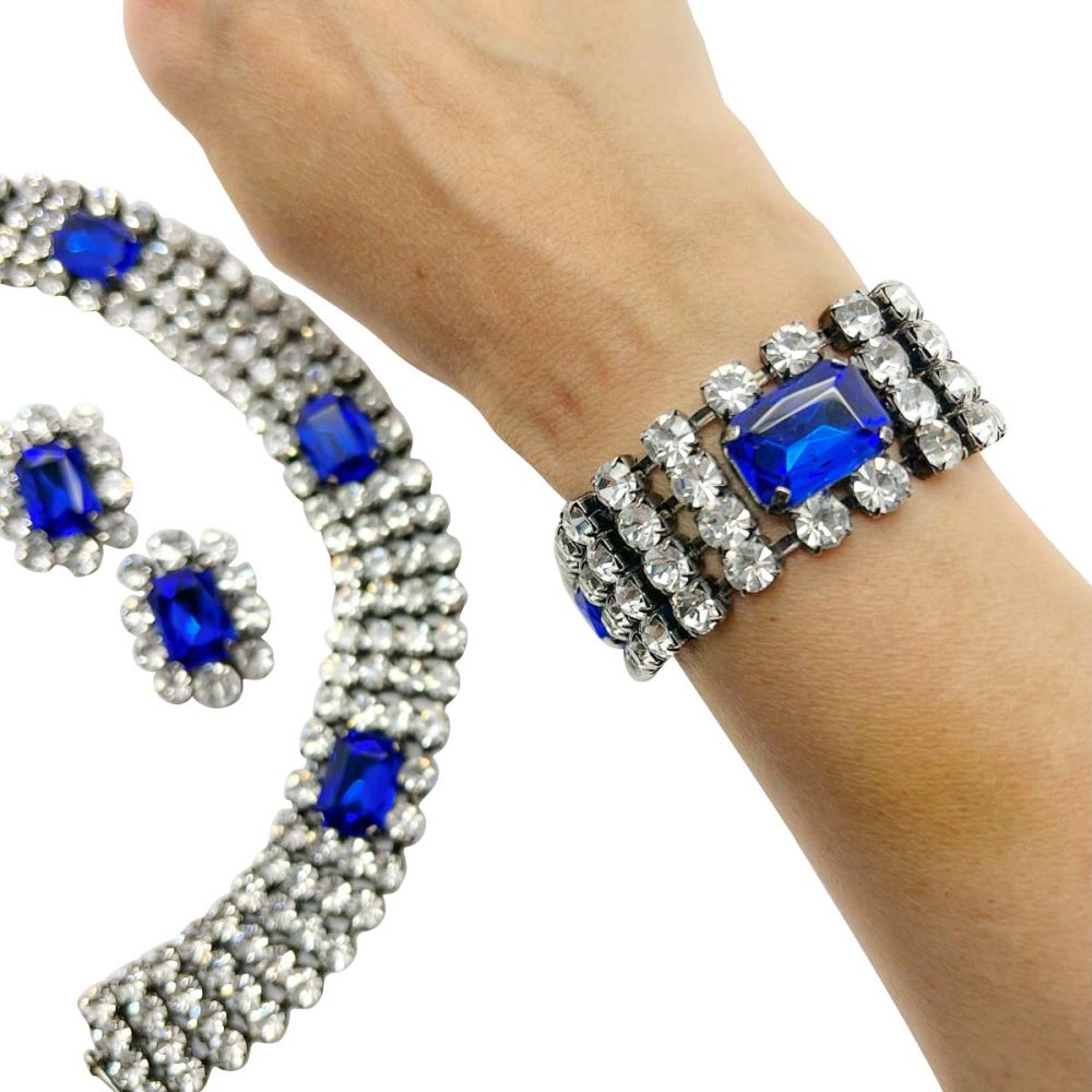 Vintage Electric Blue Crystal Choker, Cuff & Earrings 1980s