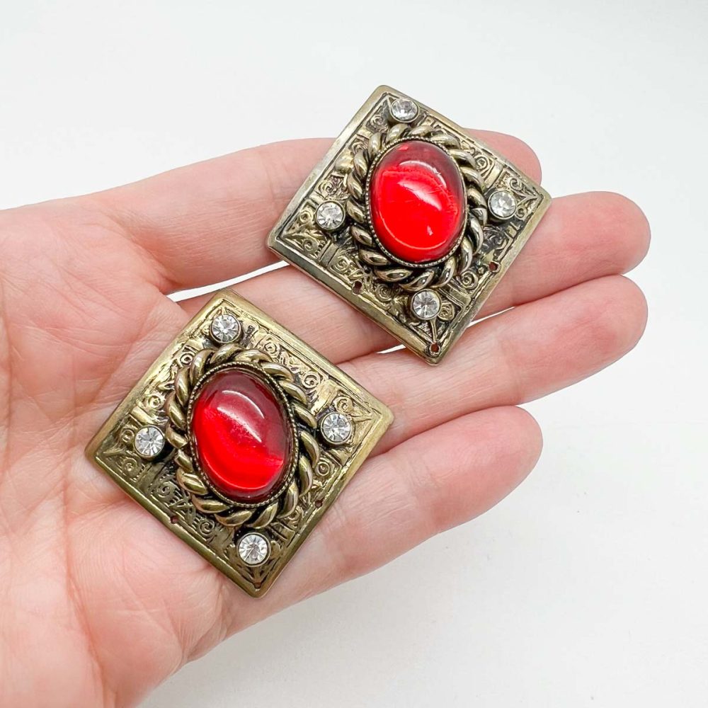 Vintage Silver & Ruby Plaque Earrings