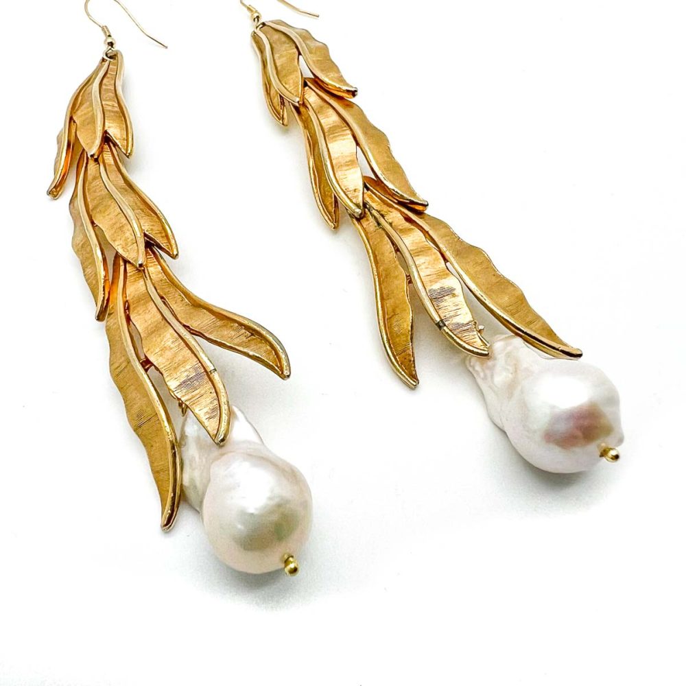 vintage pearl leaf earrings
