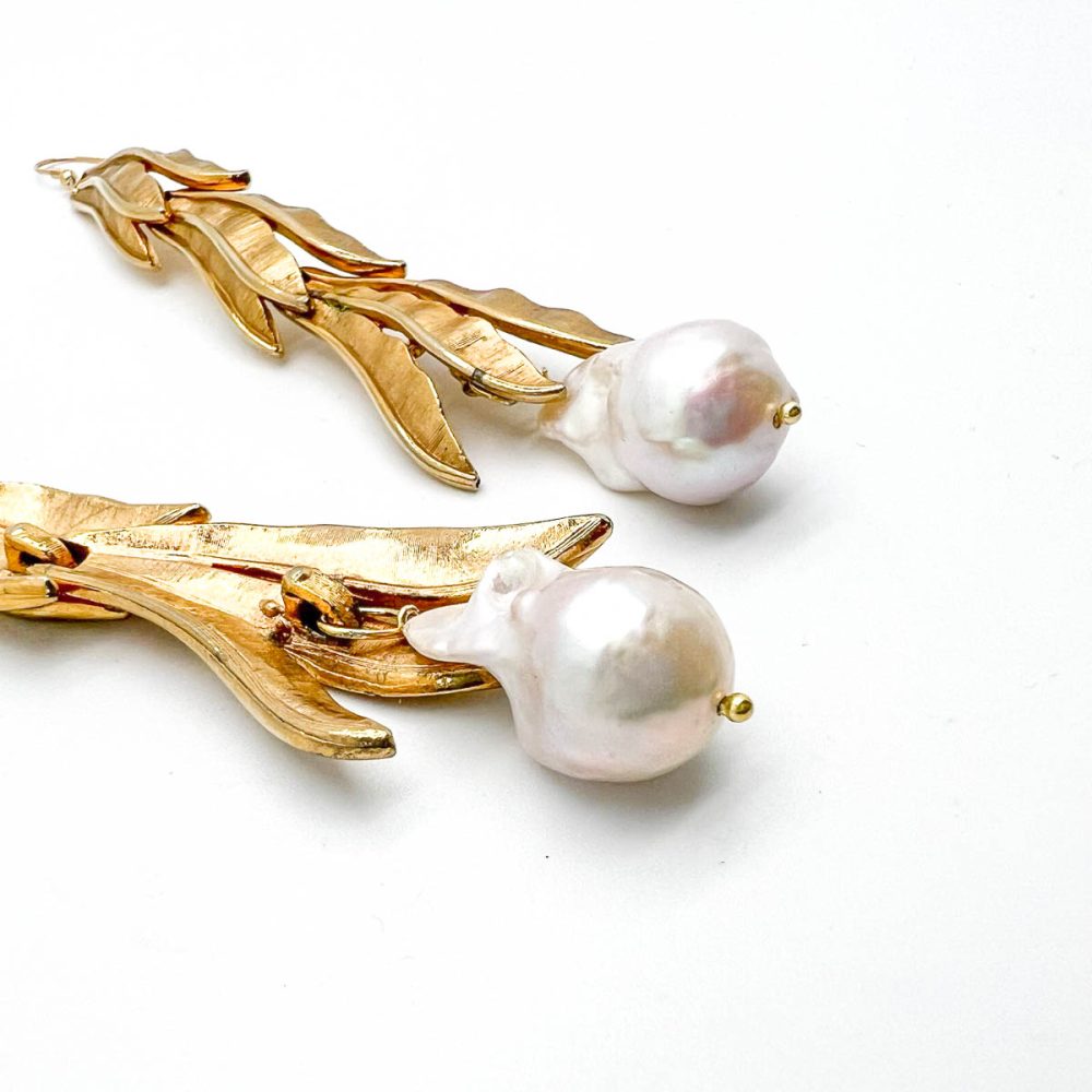 vintage pearl leaf earrings