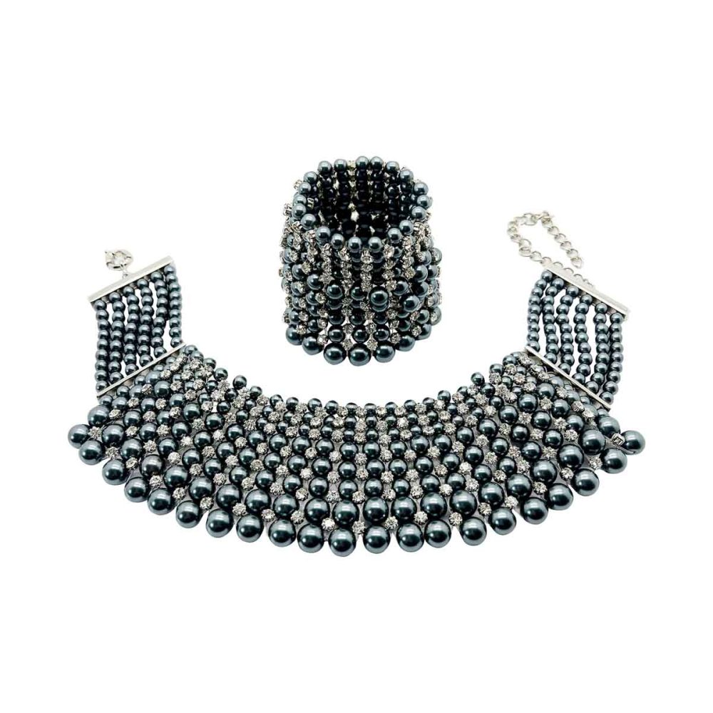 Grey Pearl & Rhinestone Choker