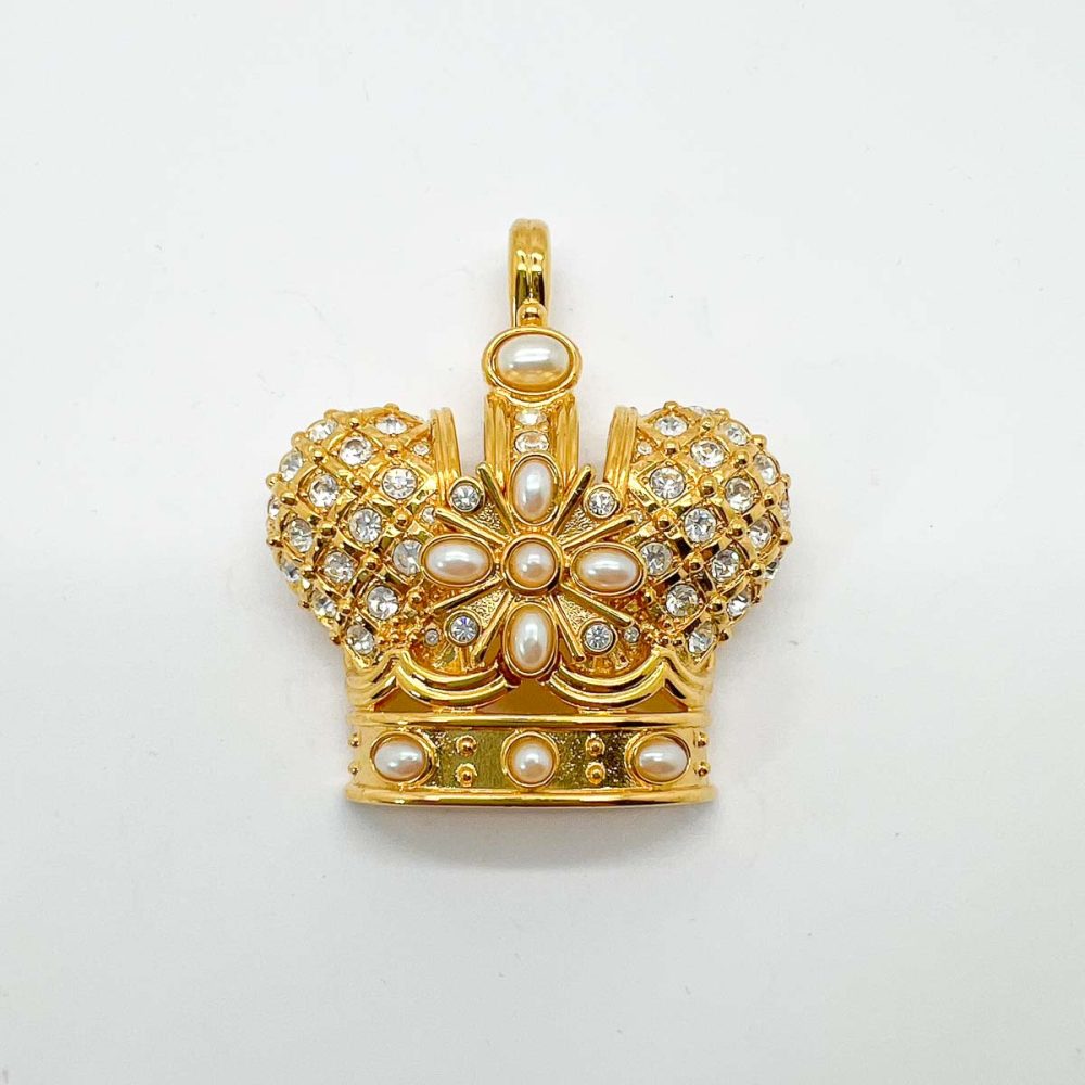 Vintage Crystal & Pearl Crown Brooch