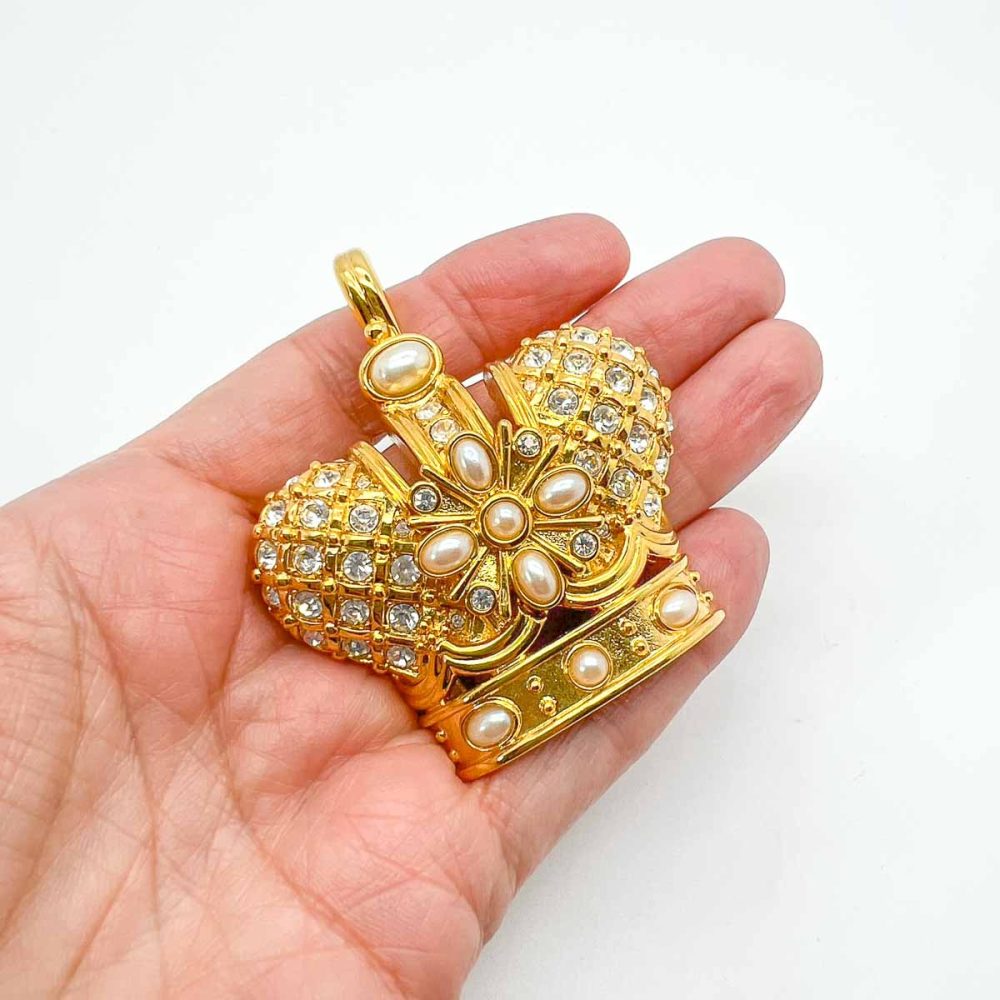 Vintage Crystal & Pearl Crown Brooch