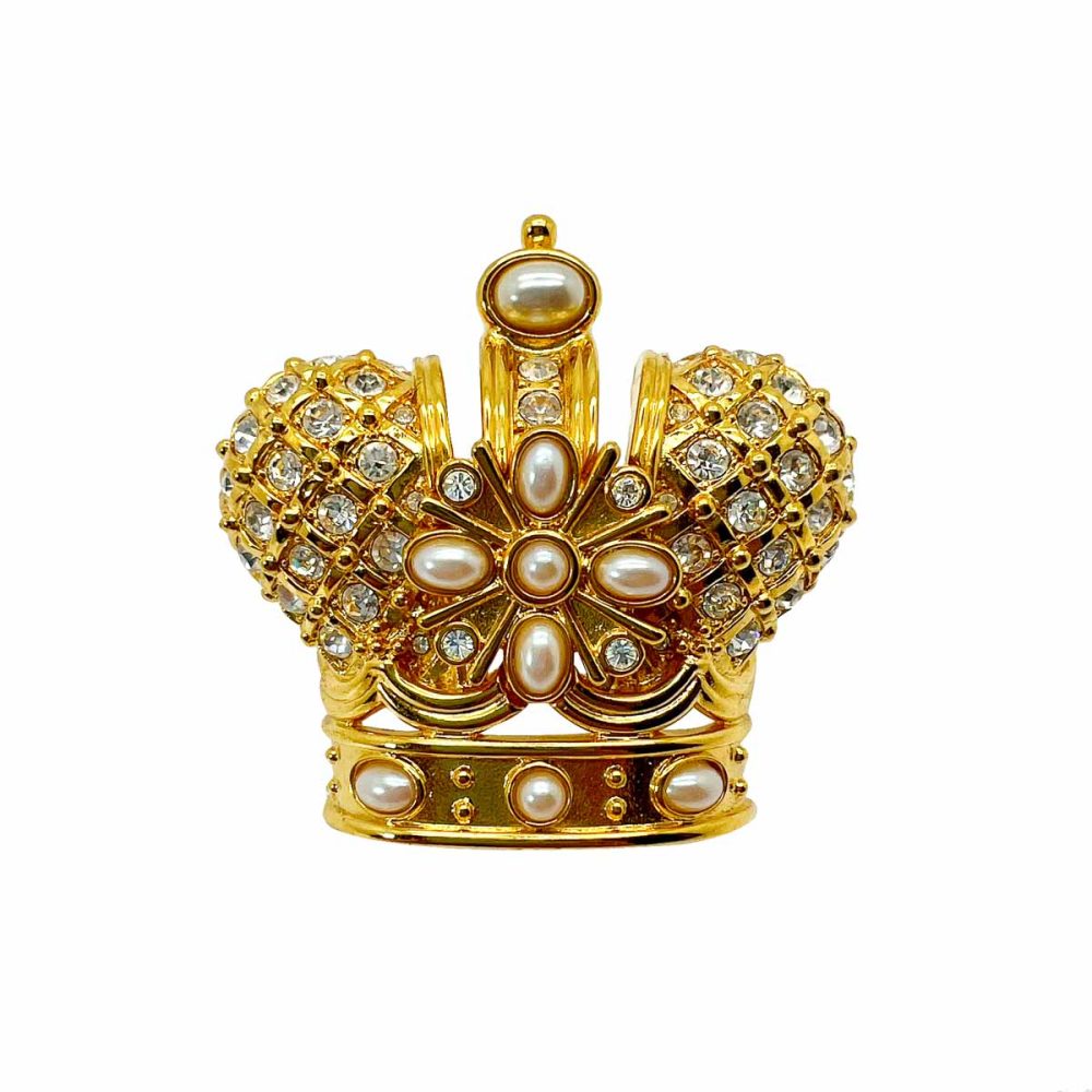 Vintage Crystal & Pearl Crown Brooch