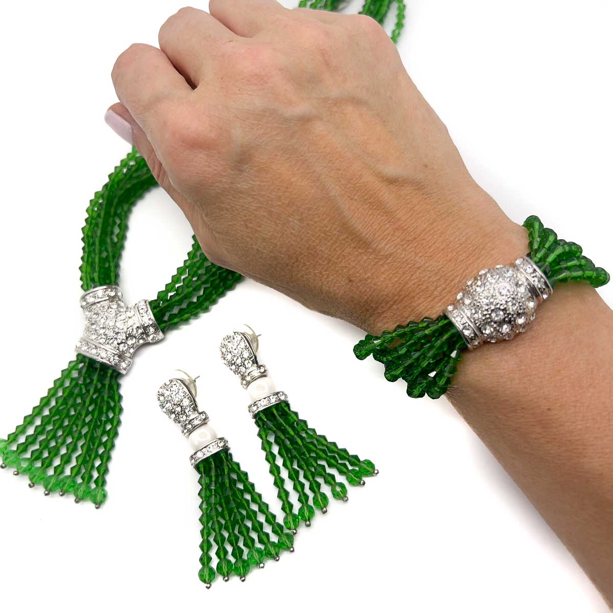 Jennifer Gibson Jewellery 1694 (1) Vintage Emerald Glass Torsade Necklace