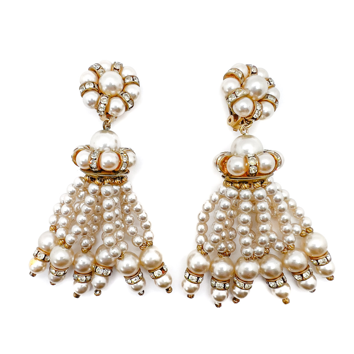 Jennifer Gibson Jewellery Drop Earrings 1742 (2) Vintage Pearl & Crystal Tassel Earrings