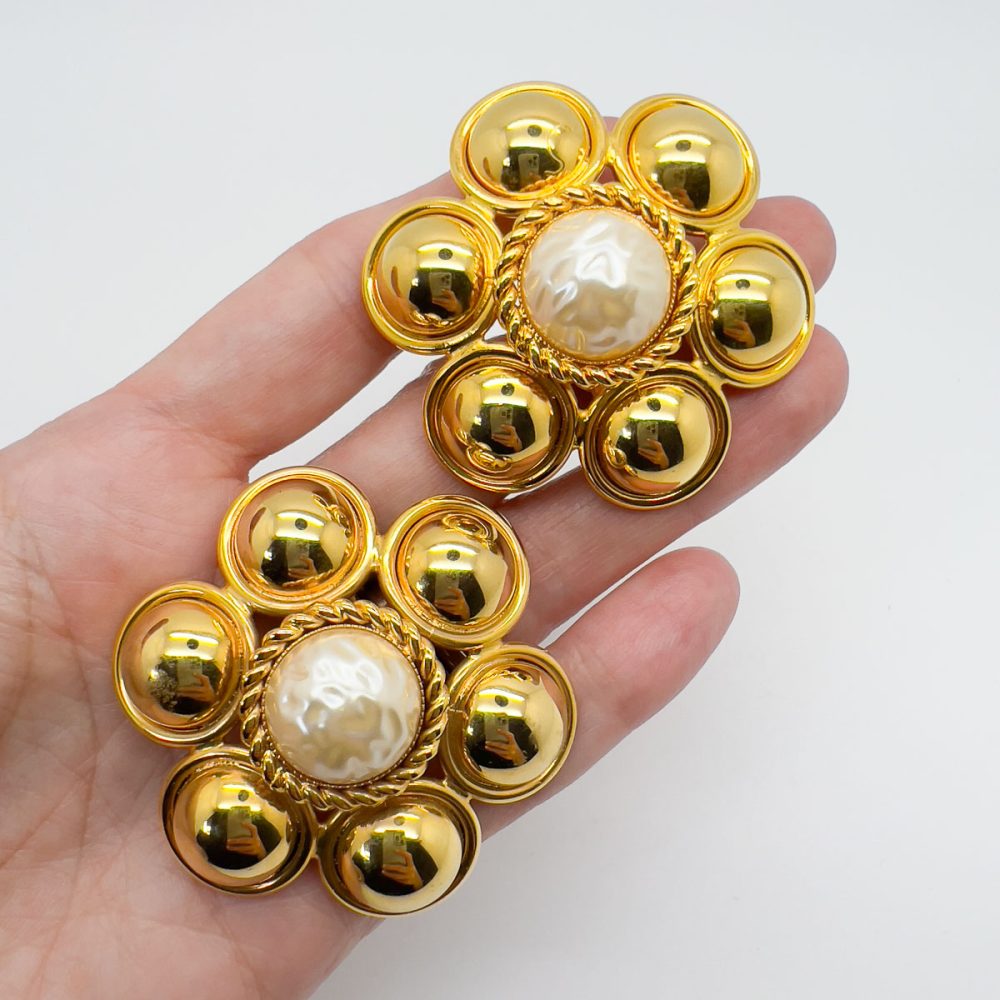 Vintage Statement Gold Pearl Flower Earrings