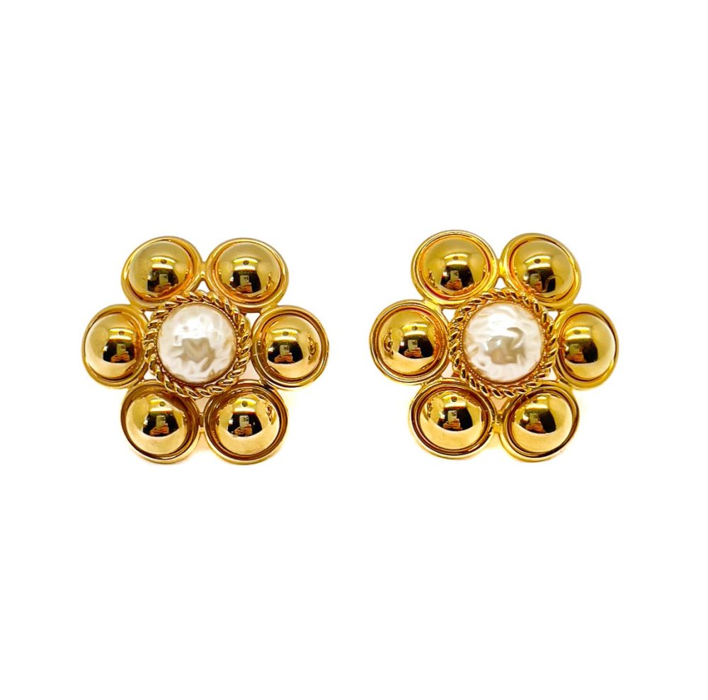 Vintage Statement Gold Pearl Flower Earrings