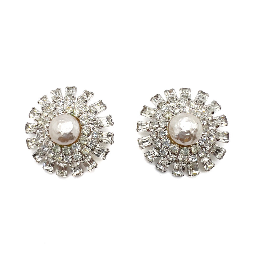 Jennifer Gibson Jewellery Earrings 1741 (2) Vintage Pearl & Baguette Crystal Earrings