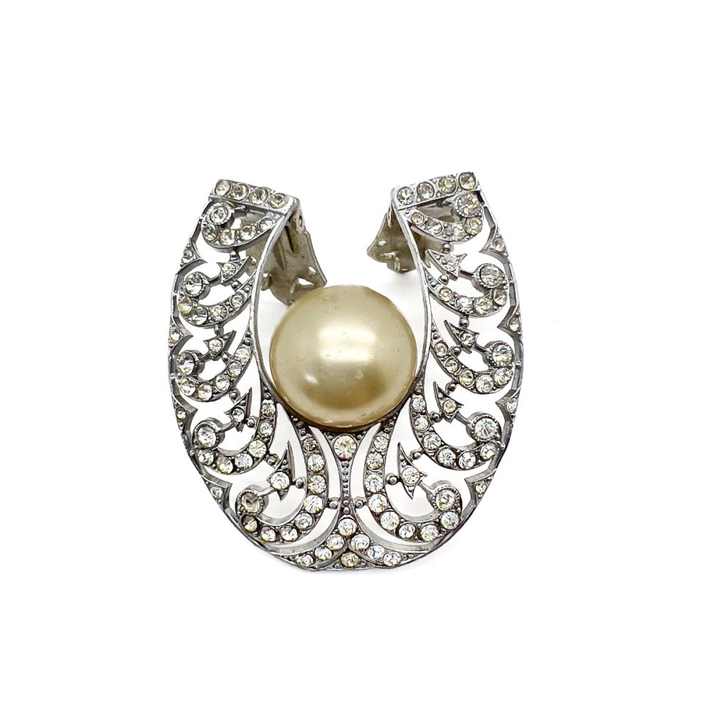 Vintage Parisian Art Deco Paste & Pearl Horseshoe Dress Clip