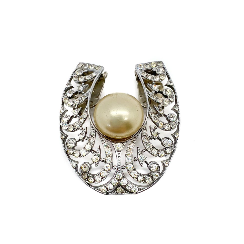 Vintage Parisian Art Deco Paste & Pearl Horseshoe Dress Clip