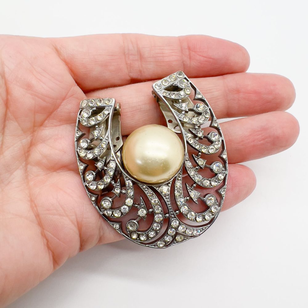 Vintage Parisian Art Deco Paste & Pearl Horseshoe Dress Clip