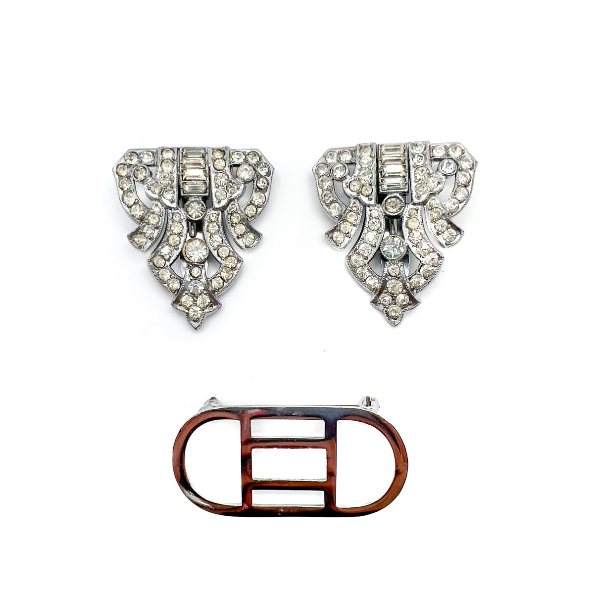 Jennifer Gibson Jewellery 1763 (2) Vintage English Art Deco Paste Double Dress Clip Brooch