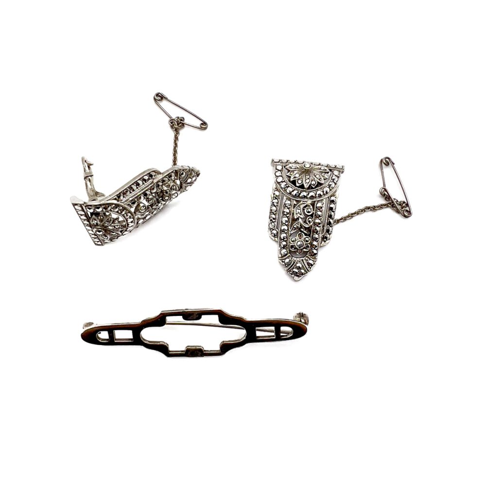 Vintage Art Deco Marcasite Double Dress Clip Brooch
