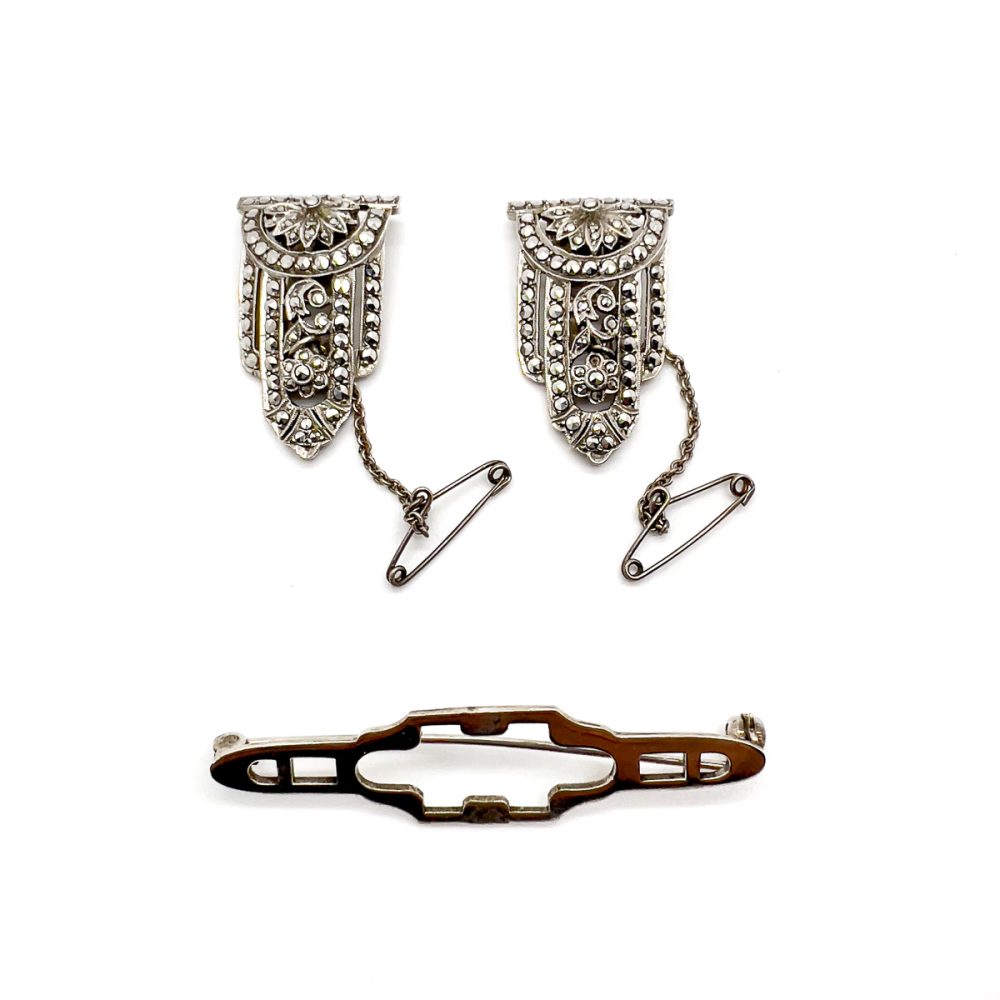 Vintage Art Deco Marcasite Double Dress Clip Brooch