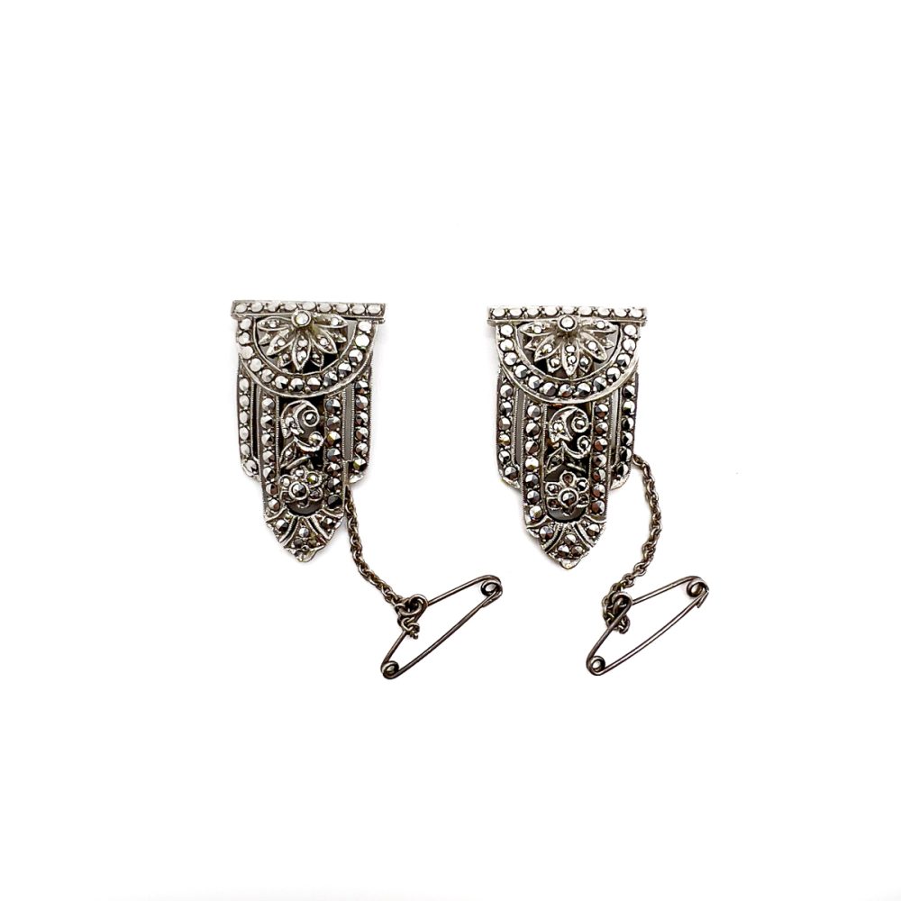 Vintage Art Deco Marcasite Double Dress Clip Brooch