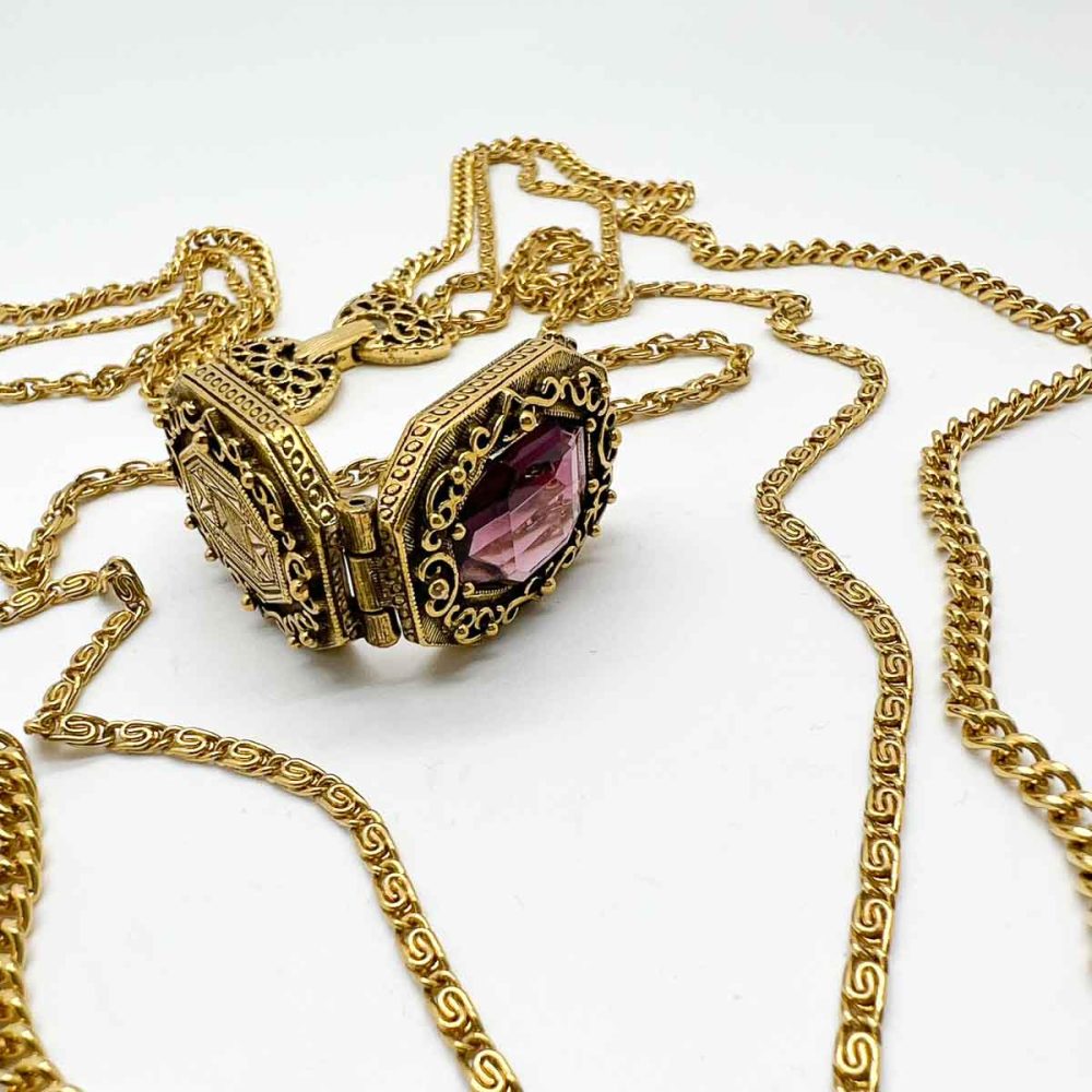 Vintage Goldette Amethyst Locket Chain Necklace
