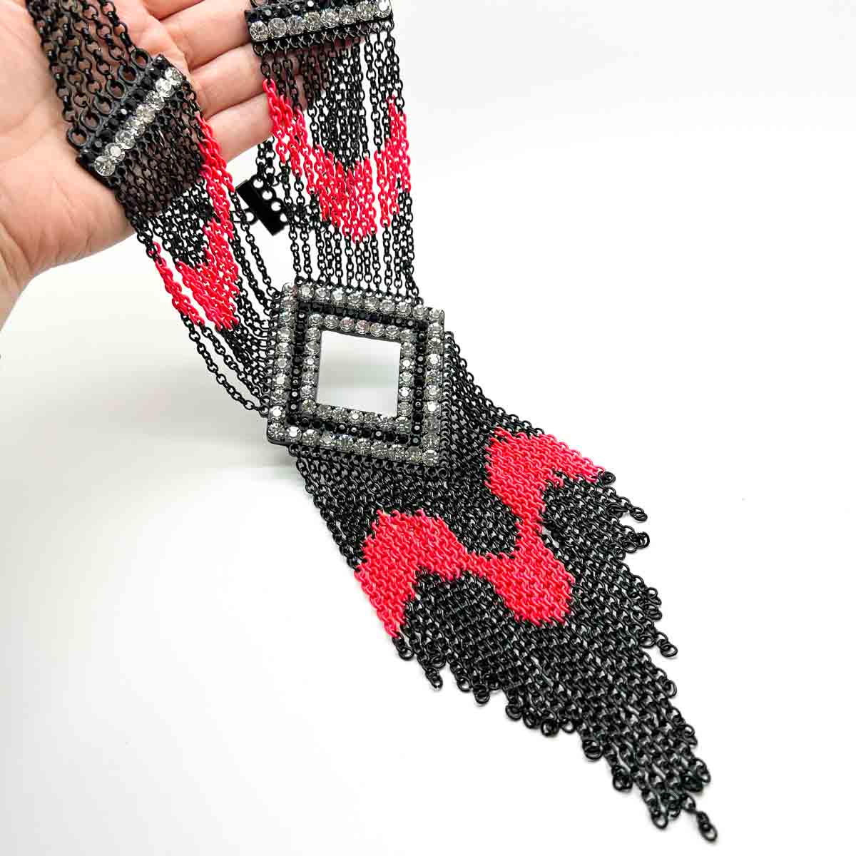 Jennifer Gibson Jewellery 1775 (1) Statement Neon & Black Tasselled Panel Necklace