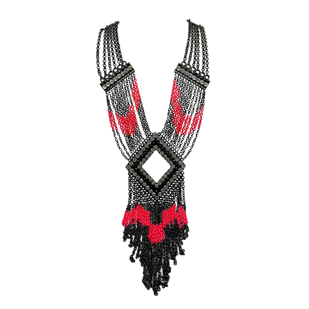 Jennifer Gibson Jewellery 1775 (2) Statement Neon & Black Tasselled Panel Necklace