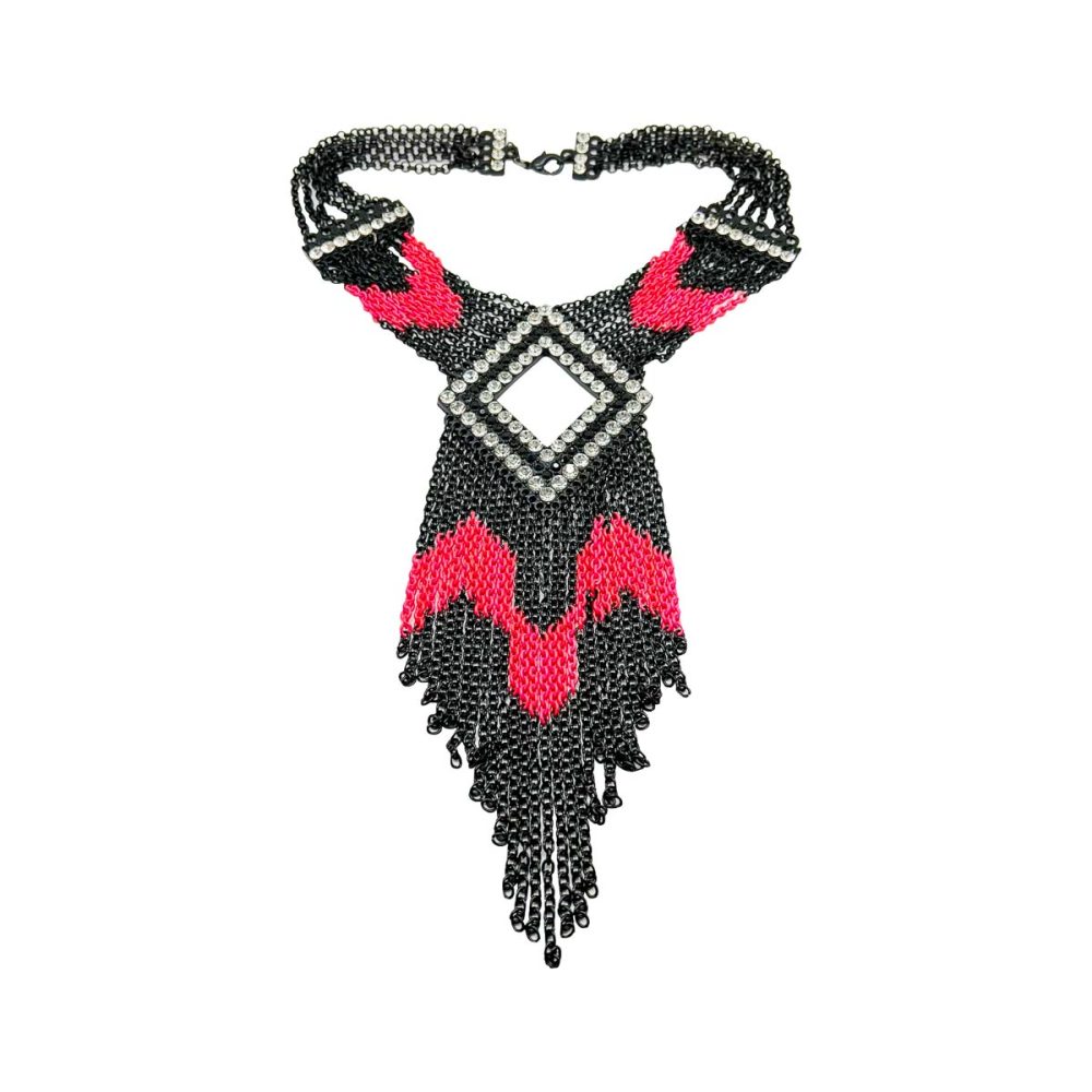 Statement Neon & Black Tasselled Panel Necklace