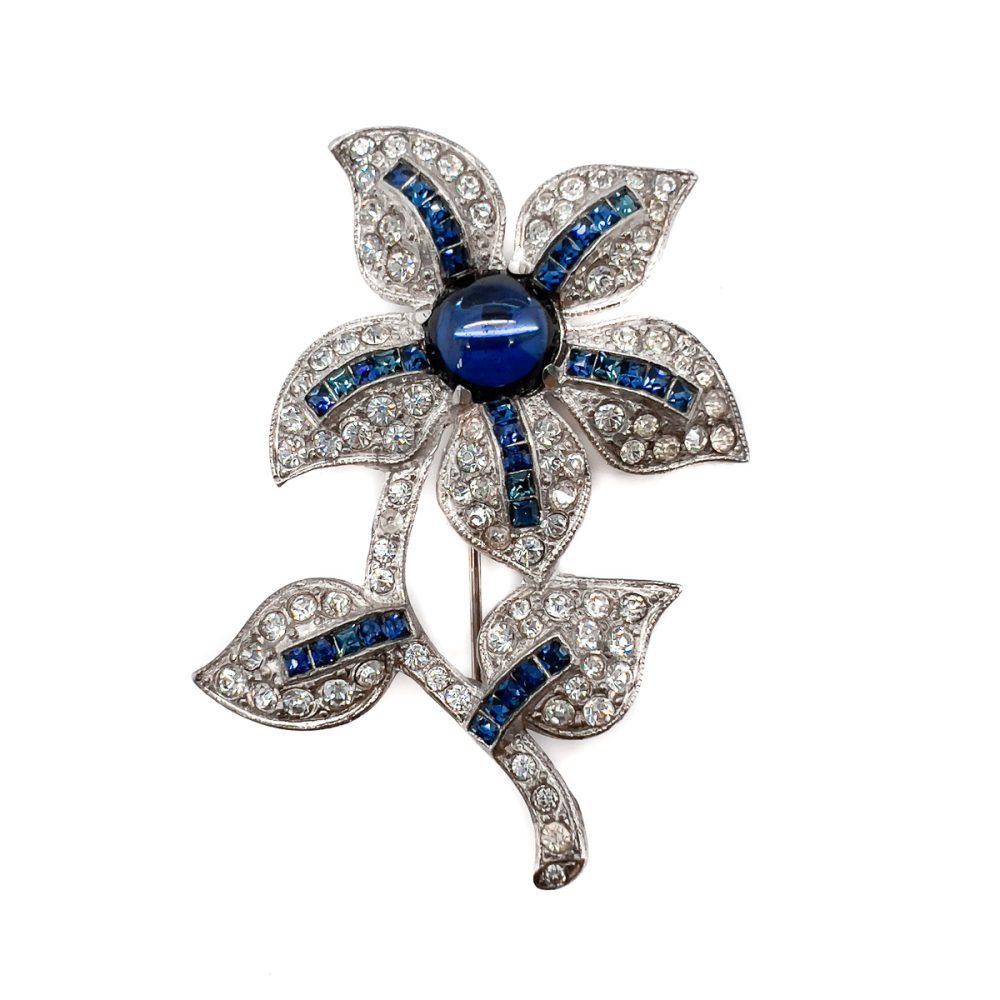 Vintage Cabochon Sapphire Paste Flower Brooch