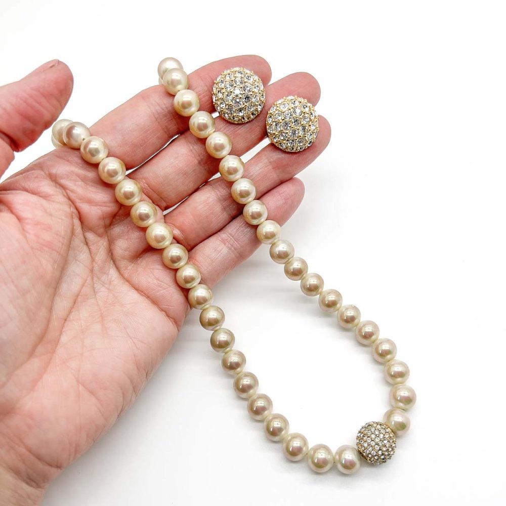 Vintage Dior Pearl Crystal Necklace and Earring set