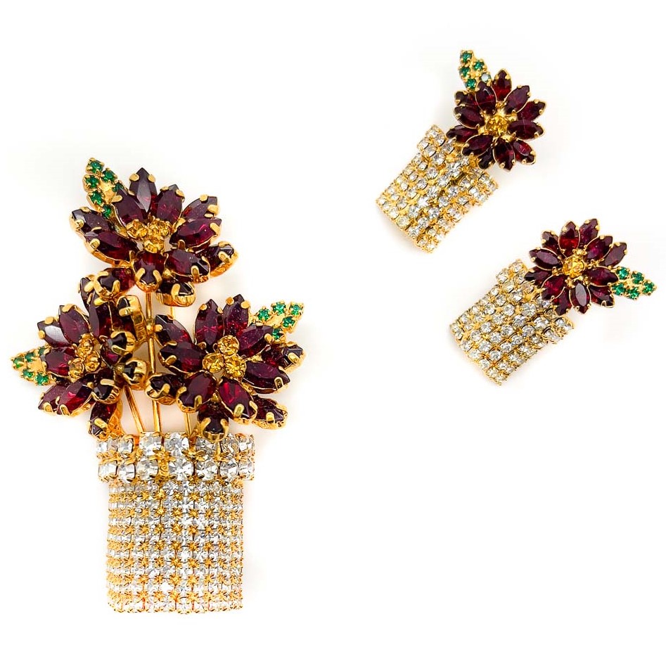 Vintage Vasari Flower Pot Brooch and Earrings