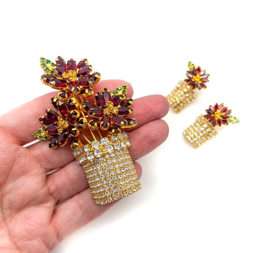 Vintage Vasari Flower Pot Brooch and Earrings