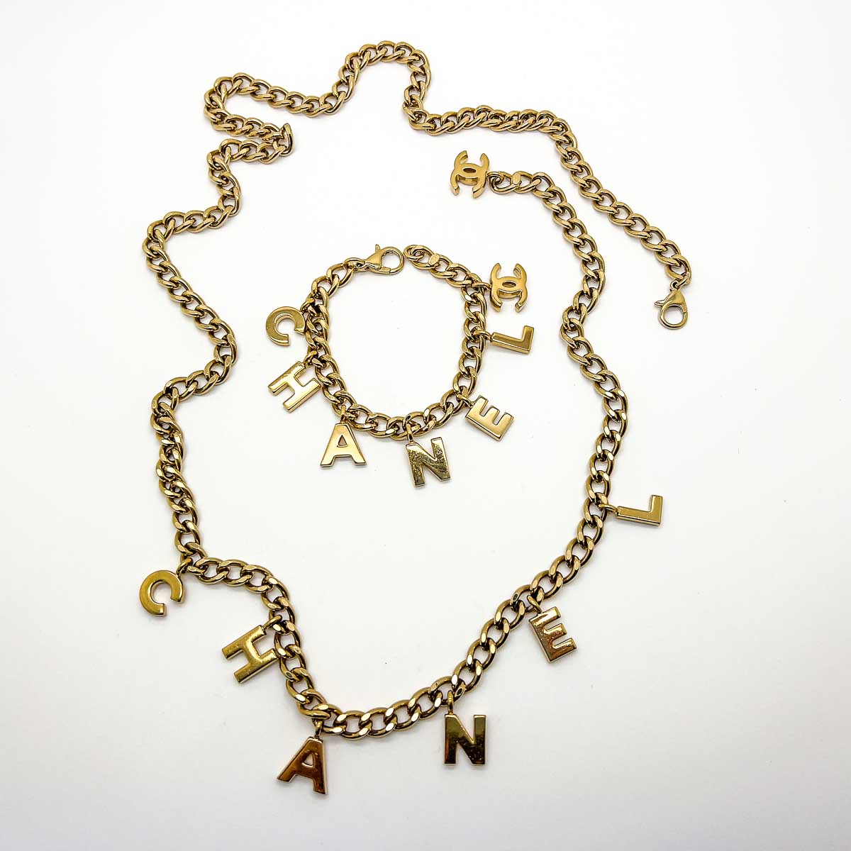 Jennifer Gibson Jewellery Chanel Letter Charm Necklace Bracelet 1869 (1) Vintage Chanel Letter Charm Bracelet Necklace