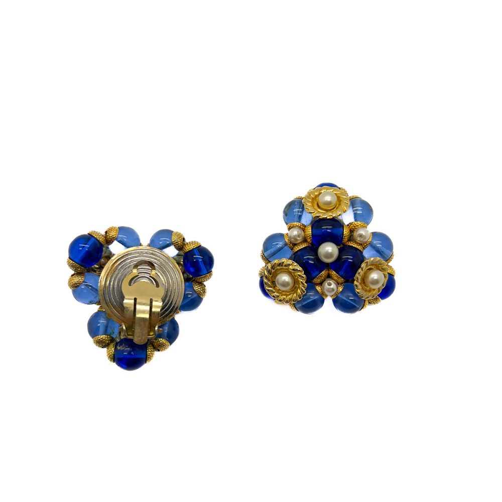 Vintage French Pearl & Blue Glass Earrings