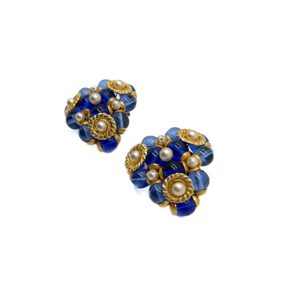Vintage French Pearl & Blue Glass Earrings