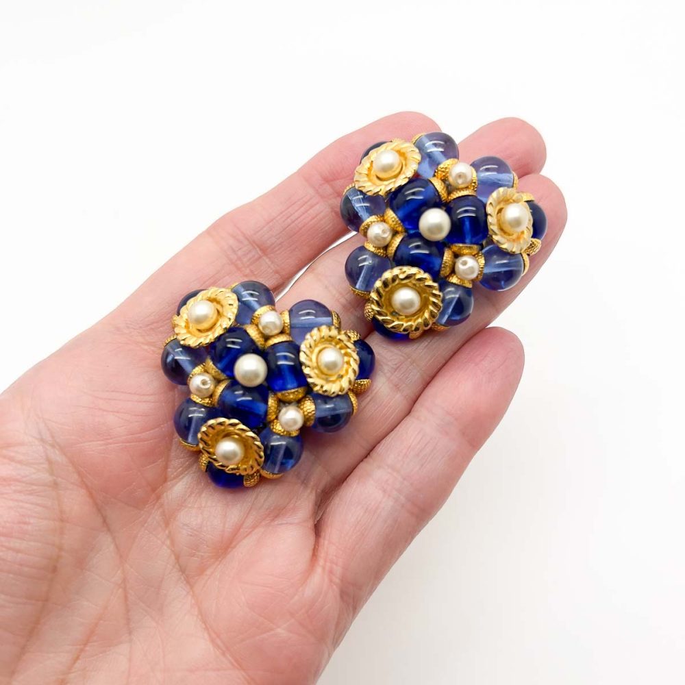 Vintage French Pearl & Blue Glass Earrings