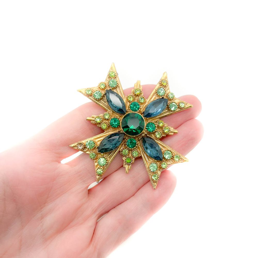 Vintage Emerald Glass Cruciform Brooch