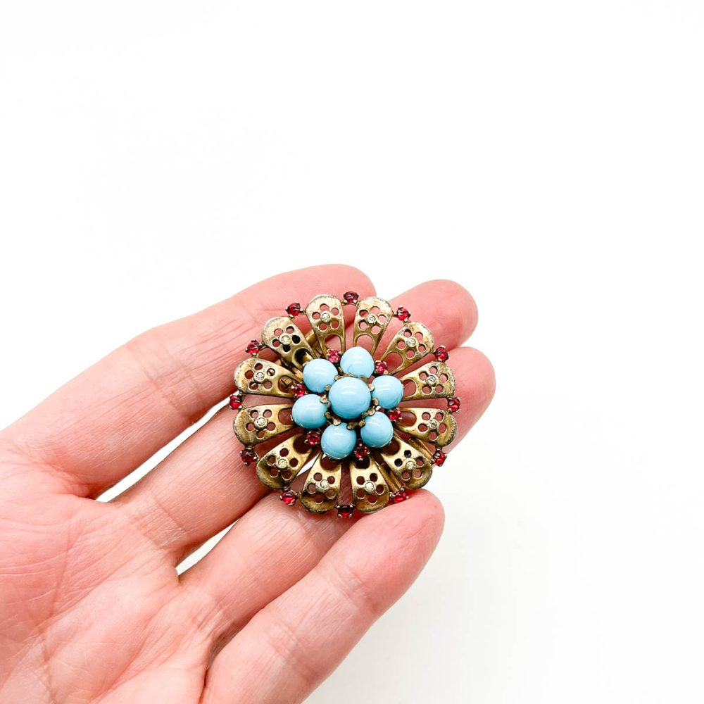 Vintage Crown Trifari Turquoise Brooch and Earrings