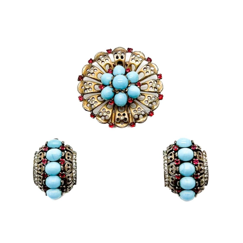 Vintage Crown Trifari Turquoise Brooch and Earrings
