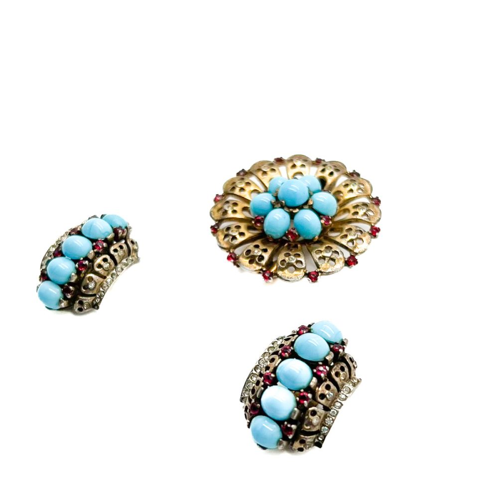 Vintage Crown Trifari Turquoise Brooch and Earrings