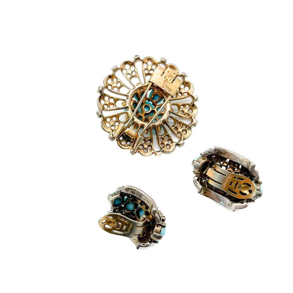 Vintage Crown Trifari Turquoise Brooch and Earrings