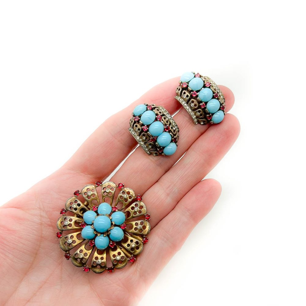 Vintage Crown Trifari Turquoise Brooch and Earrings